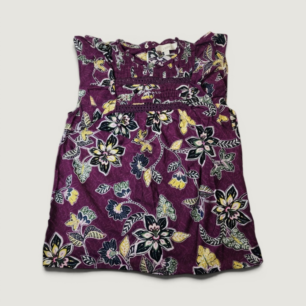 Loft Sleeveless Top Size S Wine Purple Gold Floral Boho Crochet Pintuck Blouse